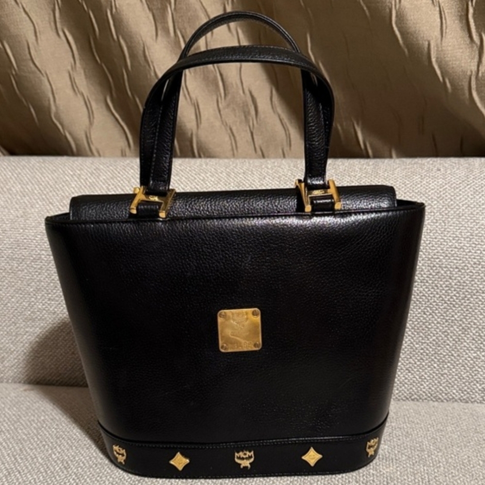 MCM Mini Bucket Tote Vintage Black Pebbled Leather/Gold Accents, Made In Germany